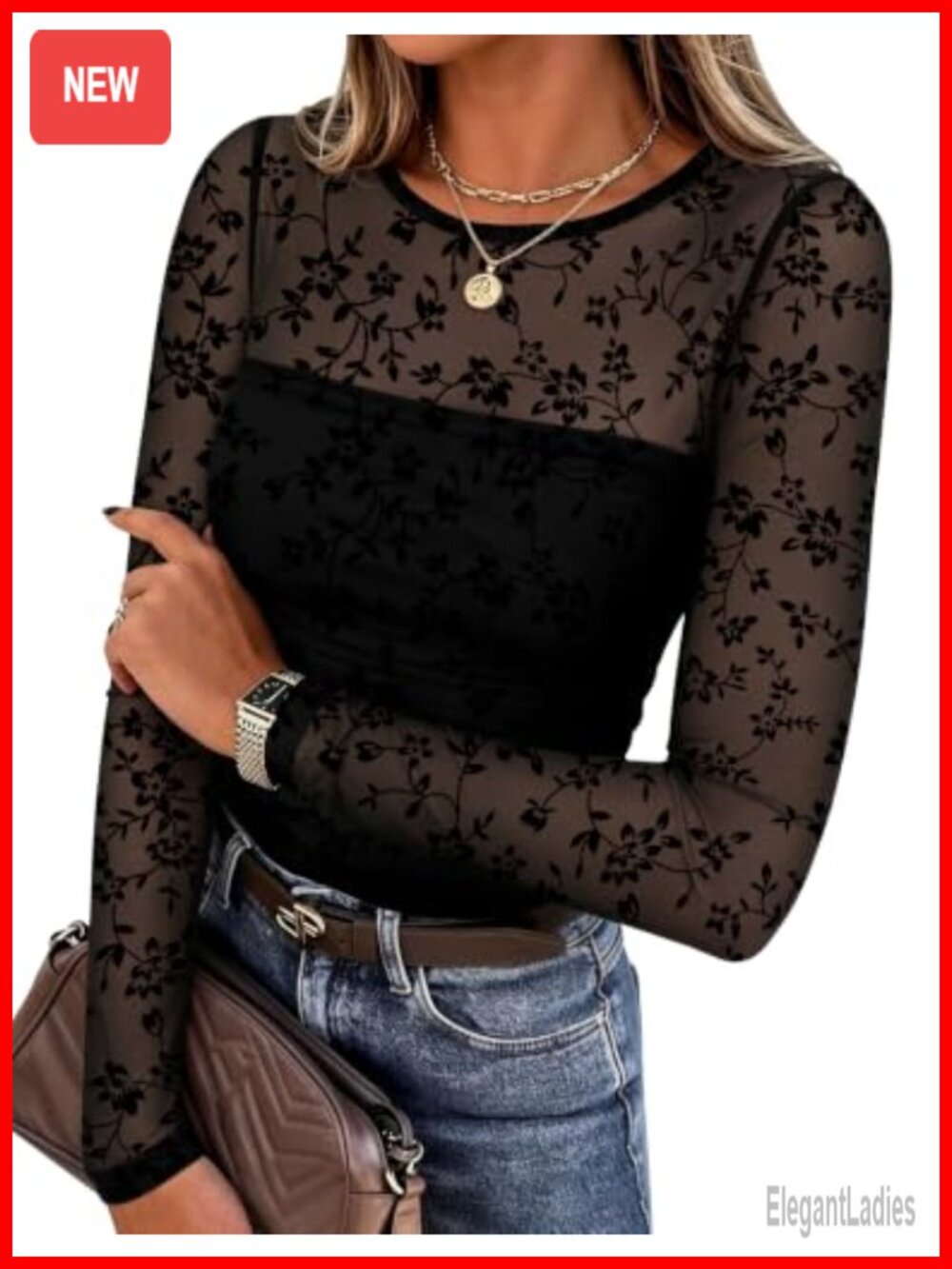 Women's Sheer Mesh Long Sleeve Blouse Pleated Round Neck Going Out Top
